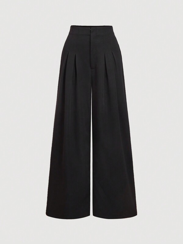 SHEIN MOD Pantalones de pierna ancha de cintura alta plisados y ajustados, negros, para fiesta, calle, gótico, preppy, elegante, oficina, conjuntos de mujer para Año Nuevo, atuendo de Nochevieja, casual de negocios, estilo old money, academia, ropa de trabajo para mujer, ropa de San Valentín para mujer