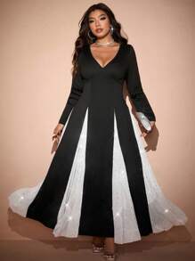 Allurite Vestido de punto de manga larga para mujer de talla grande con panel de encaje en la cintura, diseño de color block, para fiestas y eventos de noche, vestimenta maxi de mujer para otoño/invierno