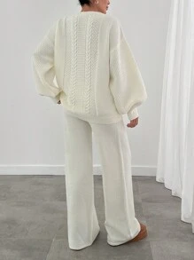 EURMUSE Gentle Style Knit Top And Wide Leg Pant 2 Piece Set - White - View 5