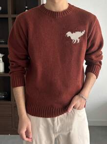 DAZY Pulover tricotat casual pentru bărbați, cu guler rotund, mânecă lungă, model detaliat, stil minimalist, toamnă, iarnă - Burgundia - Vizualizare 7