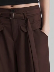 Ontre Pantalon vintage style urbain à jambes larges, taille haute avec ceinture et design de poches à rabat, marron, printemps/été pour femmes
