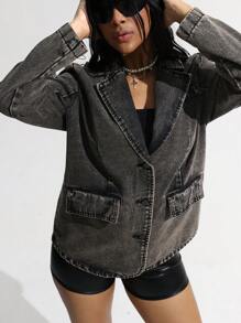 SHEIN ICON 女式秋季长袖翻领单排扣休闲牛仔西装外套 - 深灰色 - 查看 3