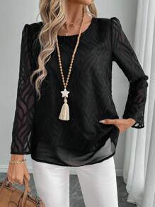 EMERY ROSE Spring Clothes Women's Loose Mesh Long Sleeve Round Neck Blouse, Autumn - Black - View 3