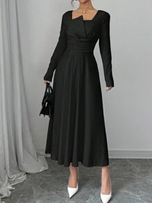 Firerie 女士纯色长袖褶皱腰优雅黑色中长连衣裙 - 黑色 - 查看 4