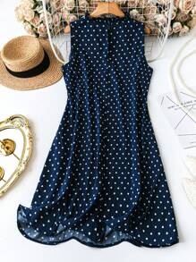 SHEIN LUNE Plus Size Women Heart Print Frill Trim Round Neck Sleeveless Casual Dress For Summer - Navy Blue - View 2