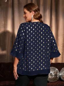 EMERY ROSE 大码波尔卡圆点印花休闲长袖圆领衬衫，秋季女装 - 藏蓝色 - 查看 2