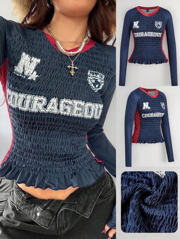 Coolane Camiseta de fútbol de manga larga con cuello en V, ajustada y elástica de punto fruncido para mujer, de estilo Y2K para primavera/verano