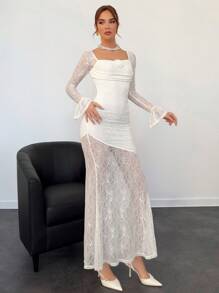 Aloruh Women Elegant Romantic Vintage Lace Solid Color Beige Long Sleeve Ruffle Decor Bodycon Fishtail Dress, Autumn/Winter - White - View 5