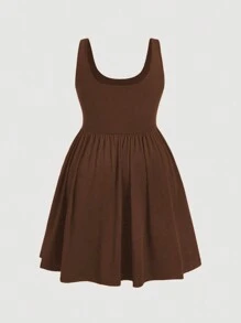 Flirla Plus Size Casual Solid Color Cinched Waist A-Line Dress - Rust Brown - View 2