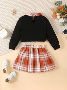 SHEIN 2 件套少女格子彼得潘领运动衫 + 格子裙，春秋 - 黑色 - 查看 2