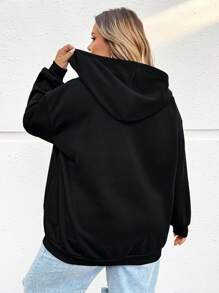 SHEIN CURVE+ Plus Size Women Casual Loose Fit Hooded Pullover Sweatshirt With Pockets, Suitable For Autumn/Winter
