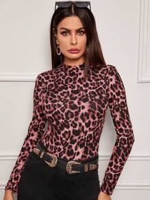 SHEIN Clasi Plus Size Elegant High Neck Fitted Leopard Print Long Sleeve Base Layer T-Shirt - Pink - View 3