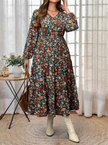 EMERY ROSE 大码女式碎花 V 领灯笼袖连衣裙，优雅度假，优雅女士连衣裙，冬季连衣裙 - 彩色 - 查看 6