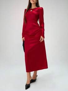 Chiquease 1pc Off-Shoulder Ruched Waist Long Sleeve Dress With Ruffle Details, Elegant Sexy For Music Festival, Ball, Holidays For New Year Clothes Maxi Women Outfit Fall Cloth For Women