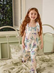 2pcs Girl Toddler Cute Bowknot Satin Purple Floral Print Casual Comfortable Long Pants And Short Sleeve T-Shirt Pajamas Set - Multicolor - View 4