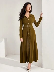 Heiryn Dames effen kleur voorkant knopen lange mouwen casual lange jurk