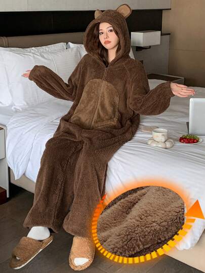 DAZY 一件法兰绒连帽连体衣，带耳朵装饰，可爱蓬松，保暖内衬，适合秋冬季节，舒适保暖