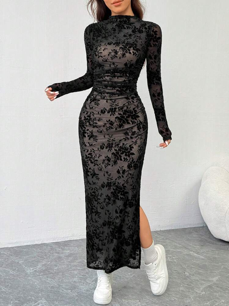 shein bodycon dress black EZwear Flocked Mesh Women's Long Black Tie Dresses | formal bridal gown Color:DUSTY BLUE