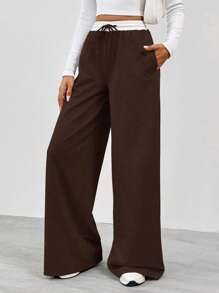 SHEIN Tall Women's Contrast Color Waist Wide Leg Pants