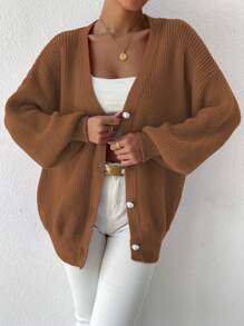Chiquease Cárdigan informal de color liso con mangas farol, para otoño/invierno