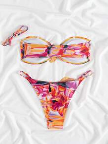 SHEIN Swim 女士定位印花性感可拆卸肩带比基尼上衣和可调节腰部花卉图案泳裤夏季 - 彩色 - 查看 5