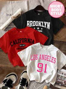 Attitoon Bộ 3 chiếc áo thun ngắn tay in chữ bó sát cổ tròn phong cách tối giản California, Los Angeles, Brooklyn dành cho nữ, phù hợp cho mùa hè - Nhiều màu - Xem 10