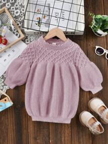 SHEIN Baby Girl Pumpkin Hem Pumpkin Lantern Sleeve Sweater Dress, Round Neck