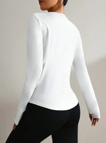 SHEIN Sport Studio Top casual da donna a girocollo bianco tinta unita a maniche lunghe, per uso quotidiano