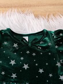 SHEIN 年轻女孩星星印花植绒长袖圣诞派对连衣裙 - 酒紅色 - 查看 3