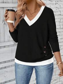 INAWLY 大码女式撞色 V 领休闲 T 恤，简约时尚日常穿着 - 彩色 - 查看 3