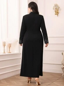 Modelyn Vestido largo de noche de talla grande, de manga larga con botones delanteros, decorado con cristales, vestido casual y sencillo - Negro - Ver 2