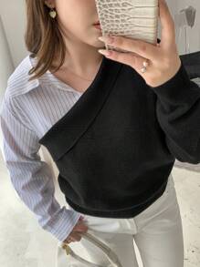 Dazy Petite Plus Color Block Patchwork Asymmetrical Knit Pullover Sweater, Black & White, Spring Autumn,Fall Women Clothes