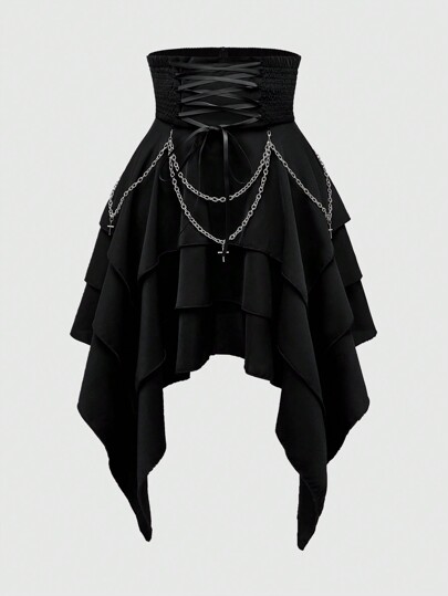 Goth Jupe vintage gothique à taille haute avec chaîne métallique amovible. Taille haute avec ourlet asymétrique et superposé pour les femmes