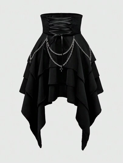 Goth Falda de cintura alta vintage gótica para mujeres con cadena metálica desmontable, cinturón y bajo asimétrico de múltiples capas