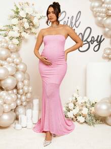 Loomaby Pregnant Women Plain Pleated Elegant Strapless Dress, For Baby Shower Party