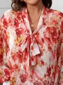 Franclia Plus Size Women Elegant Chiffon Printed Tie Front Blouse,Valentine