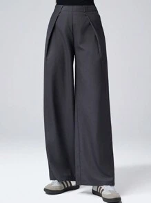 SHEIN Unity Women Solid Color Minimalist Pleated Casual Trousers - Grey - View 3