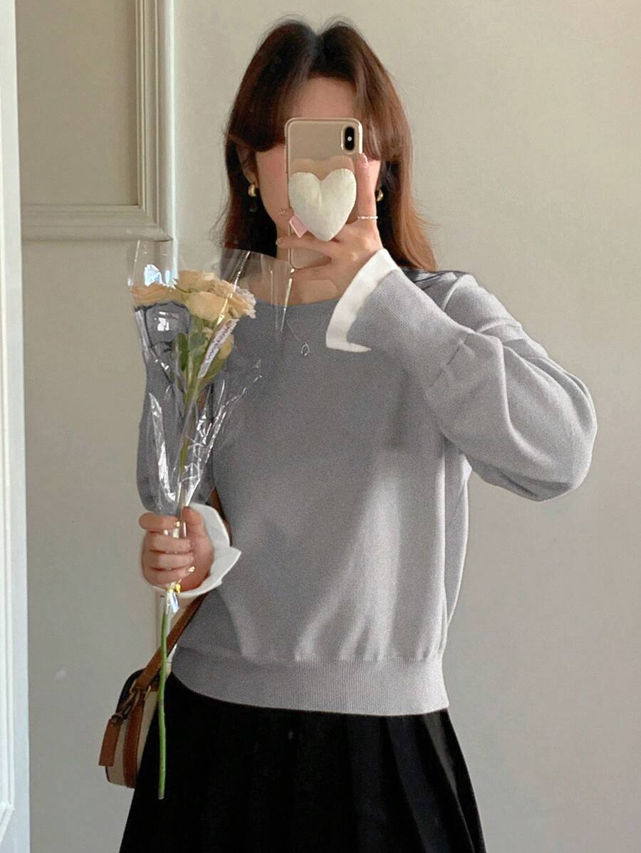 DAZY 女士二合一圆领长袖宽松休闲毛衣,秋冬 - 淺灰色 - 查看 1