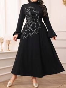 Modelyn Plus Size Women's Elegant Arabic Rhinestone Floral Print Stand Collar Flare Sleeve Dress Long Evening Dresses - Black - View 5