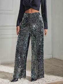 EURMUSE 都市时尚高腰阔腿亮片女裤 - 黑色 - 查看 5