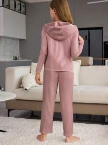 2 件女童休闲舒适套装：纯色长袖连帽上衣和长裤家居服 - 藕粉色 - 查看 2