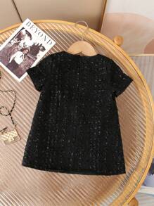 Babygirl Summer Cute Short Sleeve Tweed Texture Fabric Dress & Crossbody Bag Set Toddler Dress Black Black Baby Girl Dress With Bag Baby Girls Black Elegant Dress Black Outfit For Girls 2 To 3 Years Old Black Dress For Babygirl - Black - View 2