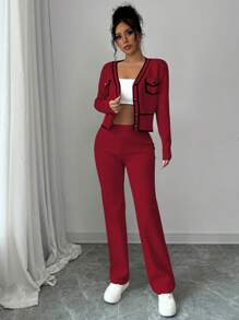 Elenzga 女士条纹长袖单排扣开衫毛衣和针织长裤两件套，休闲，秋冬 - 酒紅色 - 查看 5