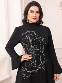 Modelyn Plus Size Women's Elegant Arabic Rhinestone Floral Print Stand Collar Flare Sleeve Dress Long Evening Dresses - Black - View 4