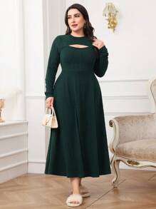 Mulvari Vestido casual de manga larga de cuello redondo de unicolor con abertura frontal ligeramente sexy para mujer talla grande, otoño