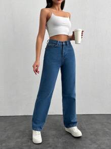 Cottnline 100% 纯棉女式中腰纯色直筒休闲牛仔裤 - 淺色水洗藍 - 查看 6