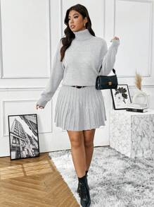 Flirla 大码女式针织高领休闲通勤百搭毛衣和垂直条纹纹理针织迷你裙套装 - 淺灰色 - 查看 4