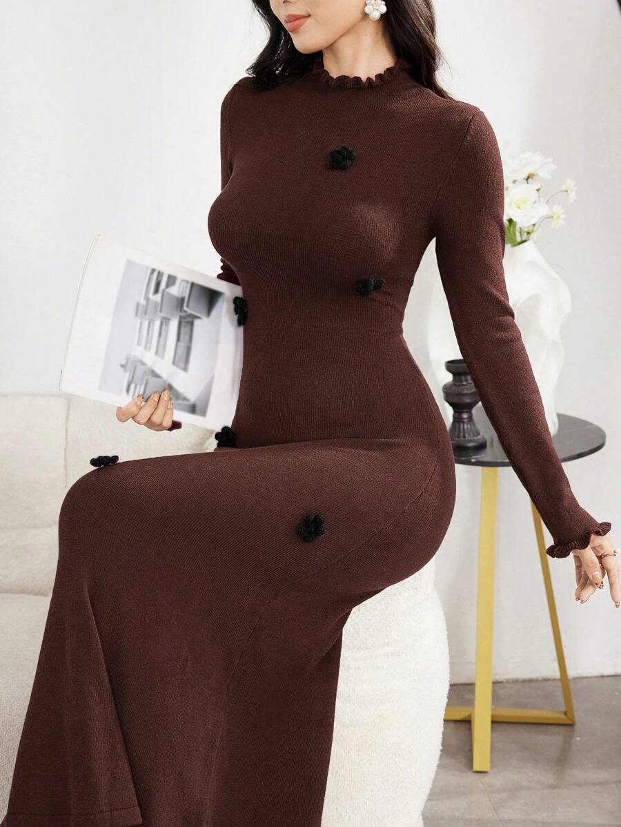 Modelyn 女士拼色莲花荷叶边下摆连衣裙 - 咖啡棕 - 查看 1