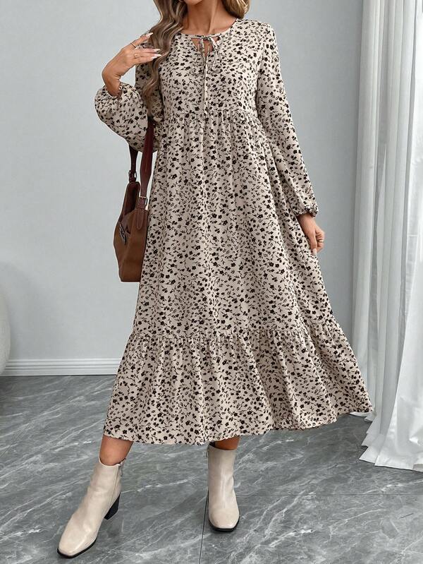 EMERY ROSE Women's Patchwork Ditsy Floral Tie Collar Ruffle Hem Dress