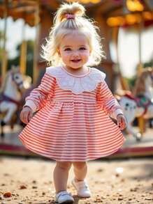 SHEIN Baby Girls Spring/Autumn Korean Style Cute Long Sleeve White Lace Collar Striped Knit Dress - Pink - View 1